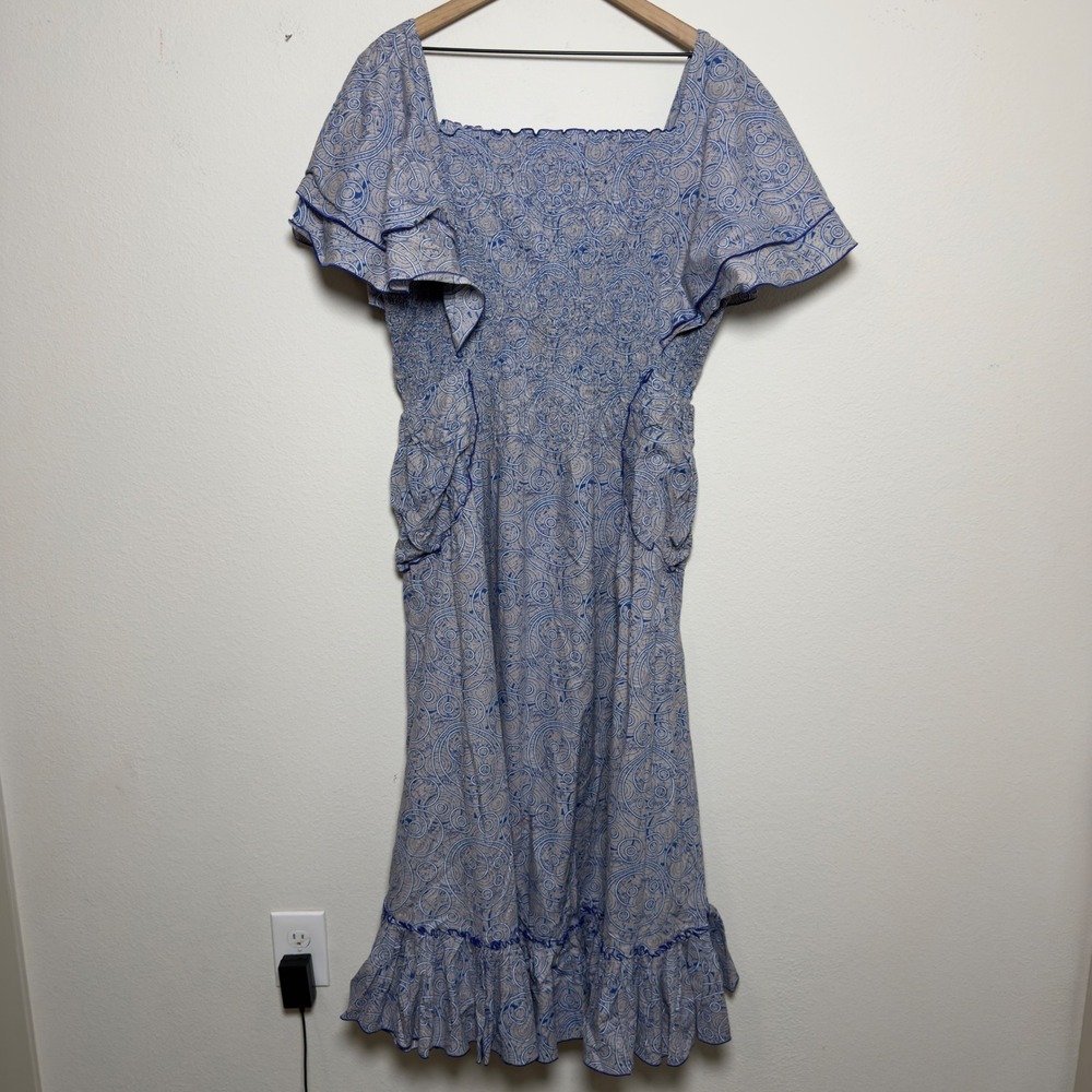 Women Cotton Smocked Midi Dress XL Blue Paisley Flutter Sleeve Nap Cottage